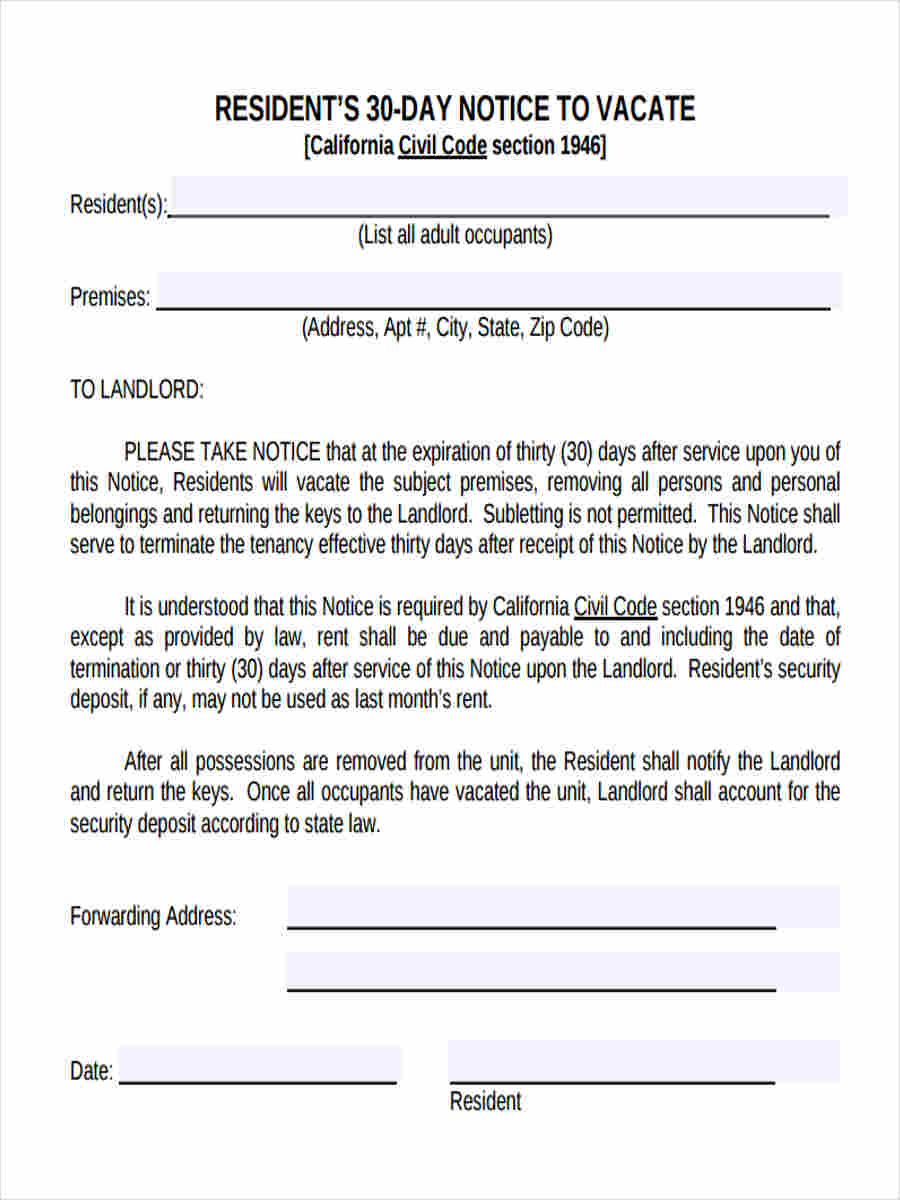 Printable 30 Day Notice To Vacate