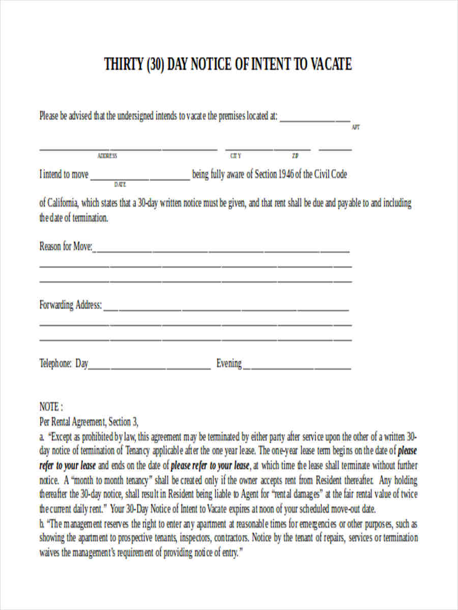 Free Printable 30 Day Notice To Vacate Printable Form, Templates and