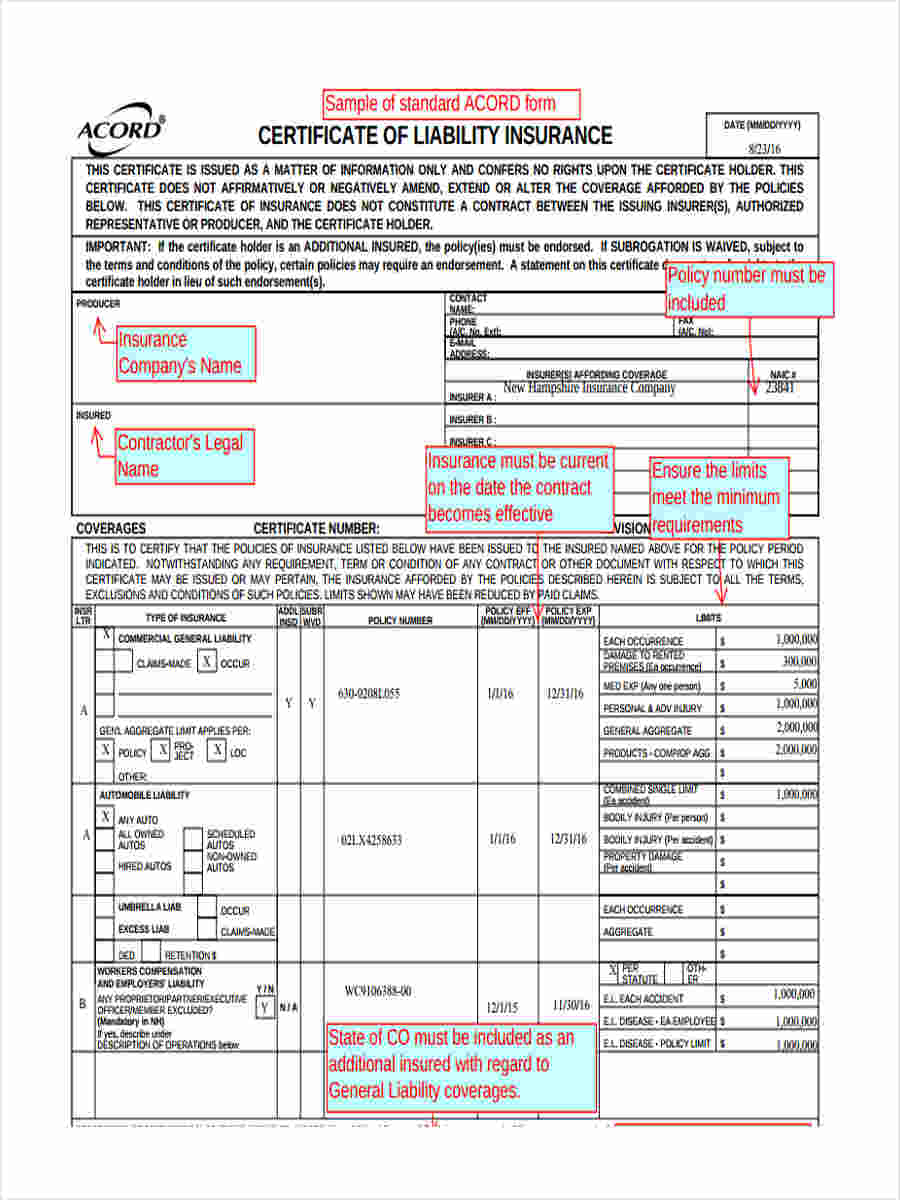 FREE 21+ Liability Insurance Forms in MS Word  PDF With Regard To Certificate Of Liability Insurance Template