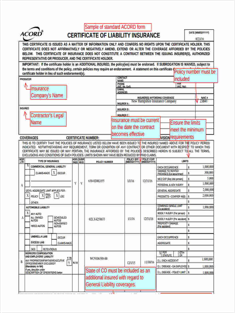 Certificate Of Liability Insurance Form Template