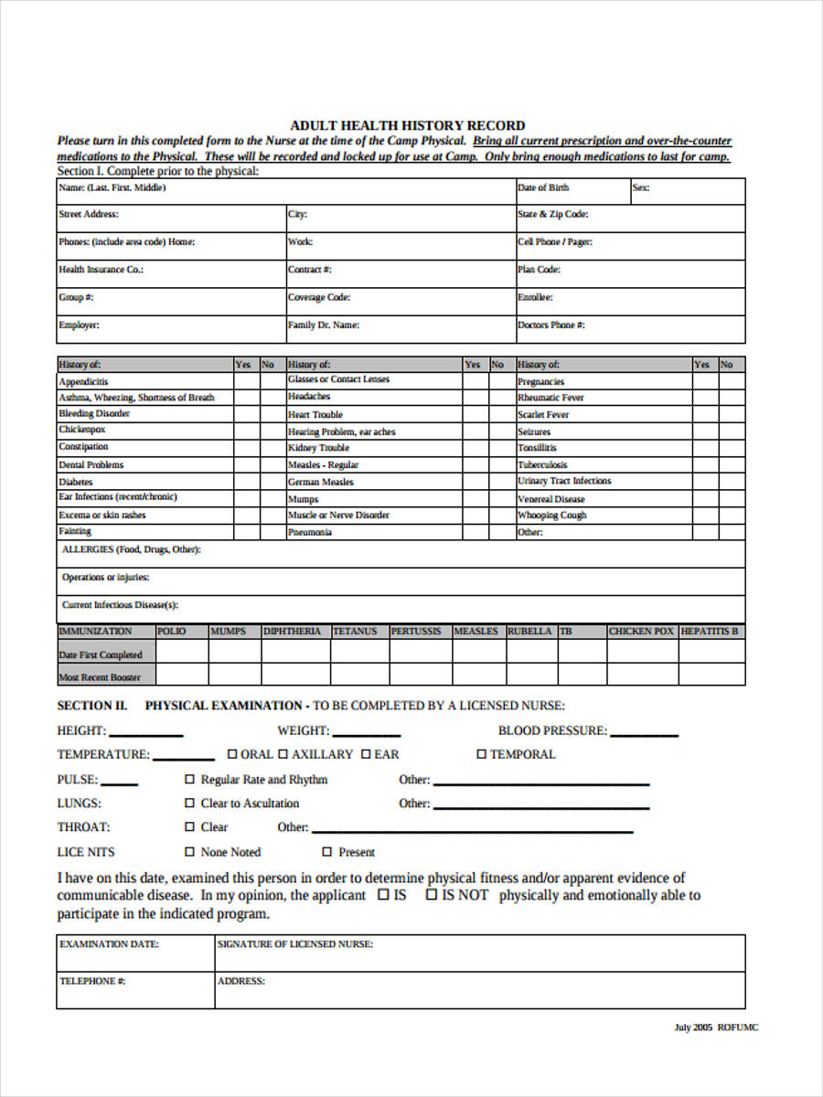 Free 6 Adult Physical Forms In Pdf Ms Word 6178