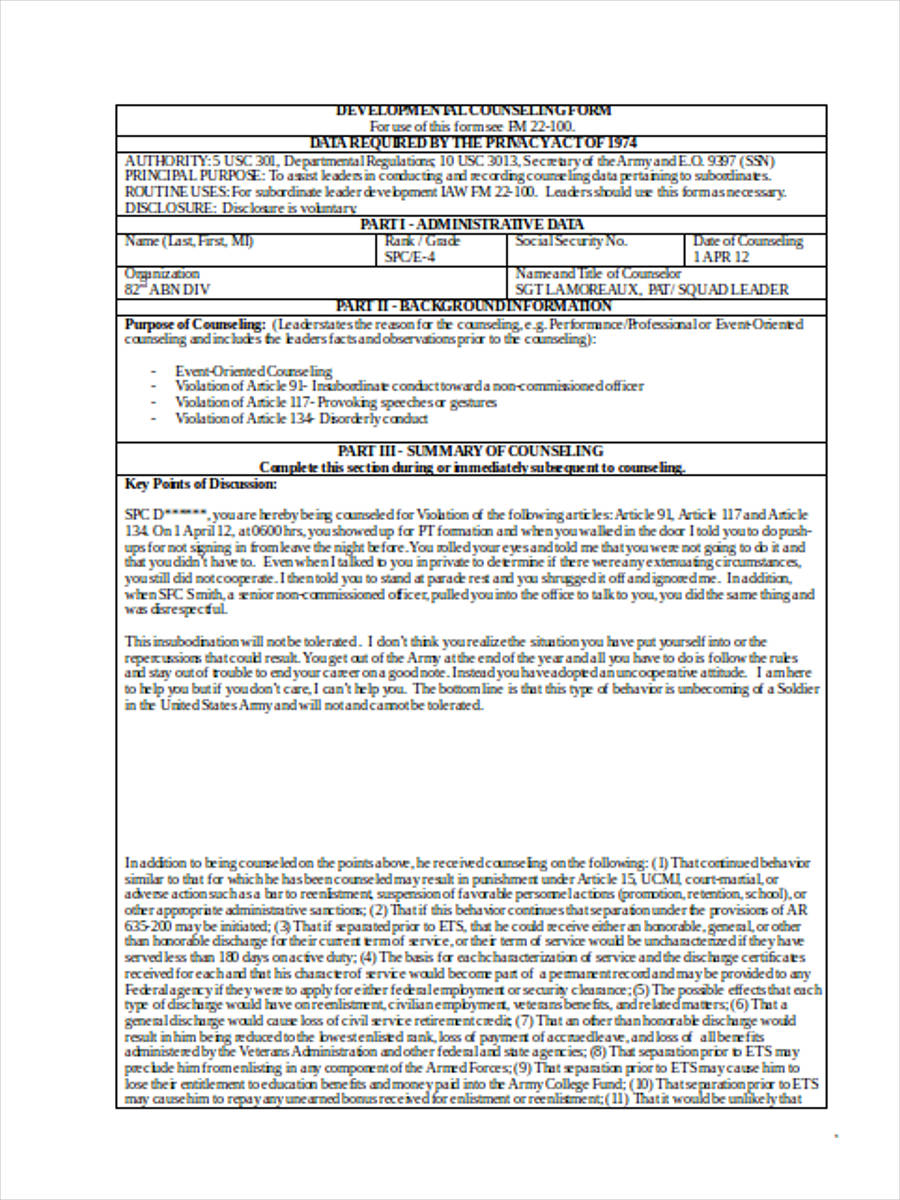 Army Initial Counseling Forms Printable Examples - Printable Forms Free ...