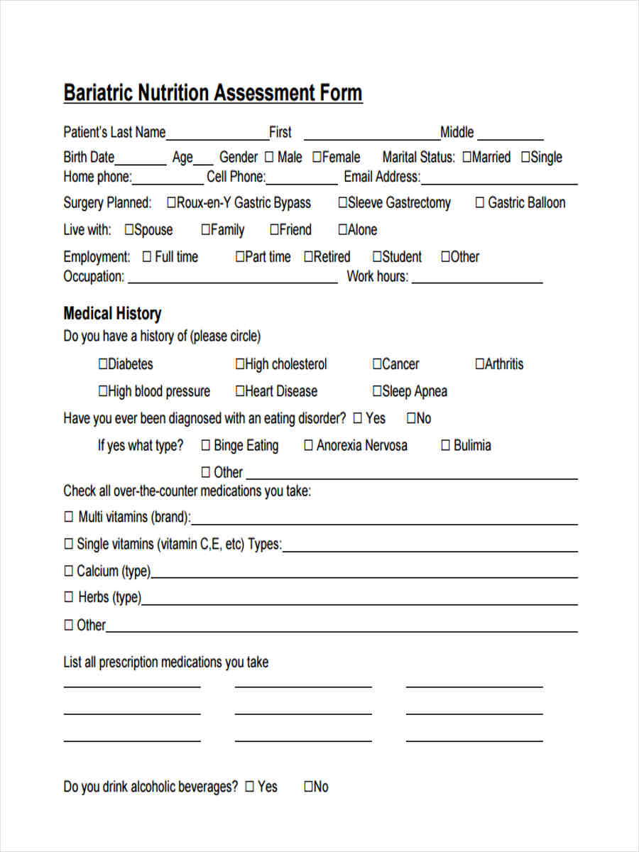 bariatric nutrition assessment form