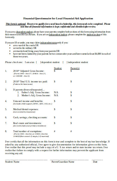 basic financial questionnaire form
