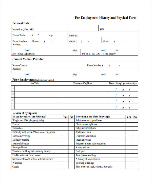 FREE 7 Pre Employment Physical Forms In PDF