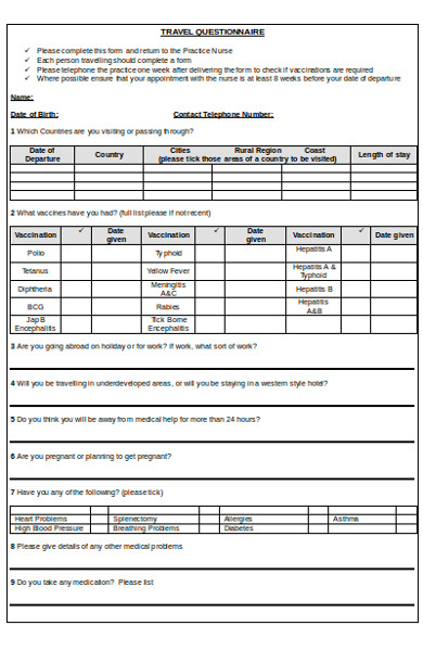 sa travel health questionnaire