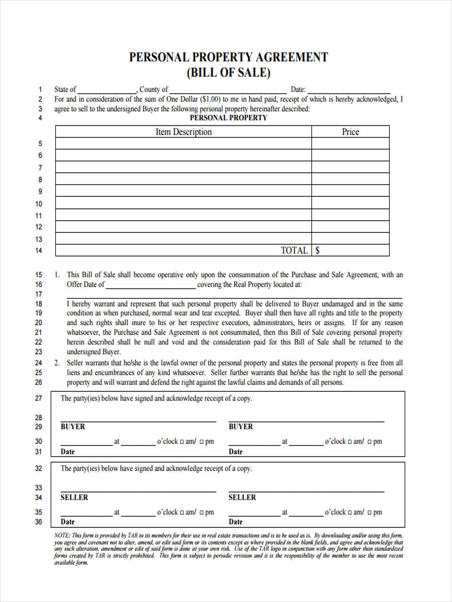 bill of sale for personal property