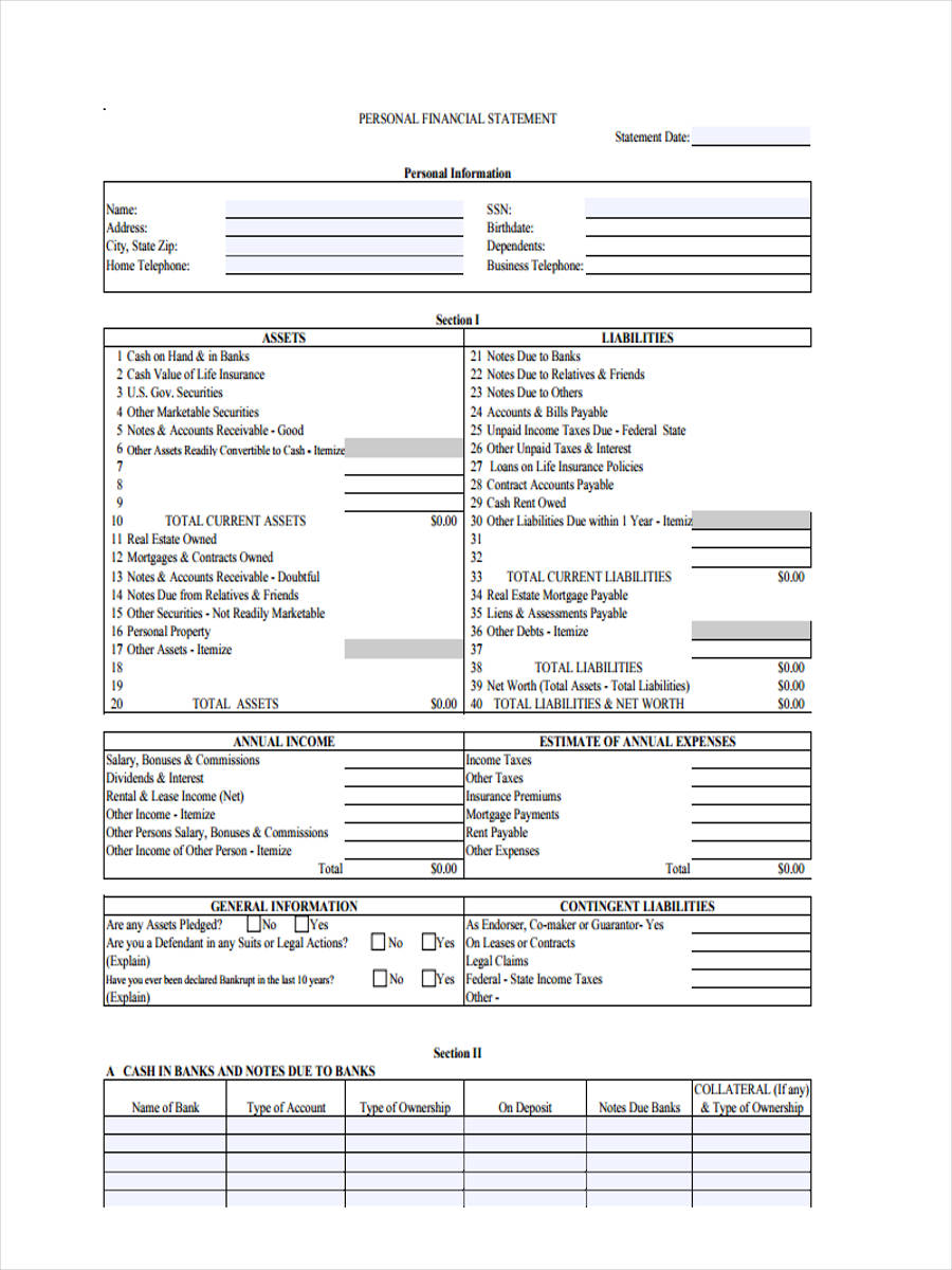 Free 8 Personal Financial Statement Forms In Pdf Ms Word Excel