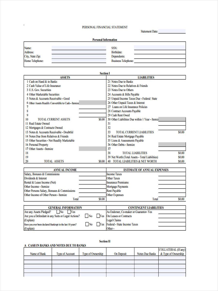 Blank Personal Financial Statement Template