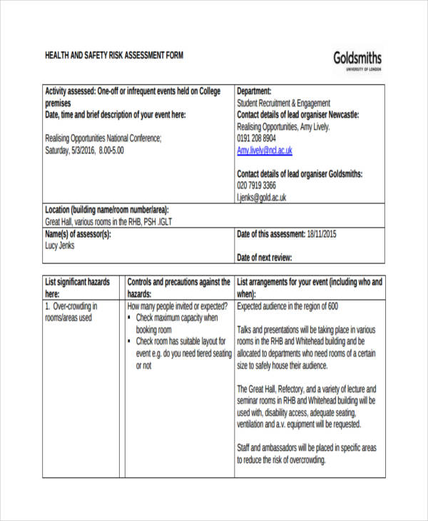 building health and safety risk assessment form