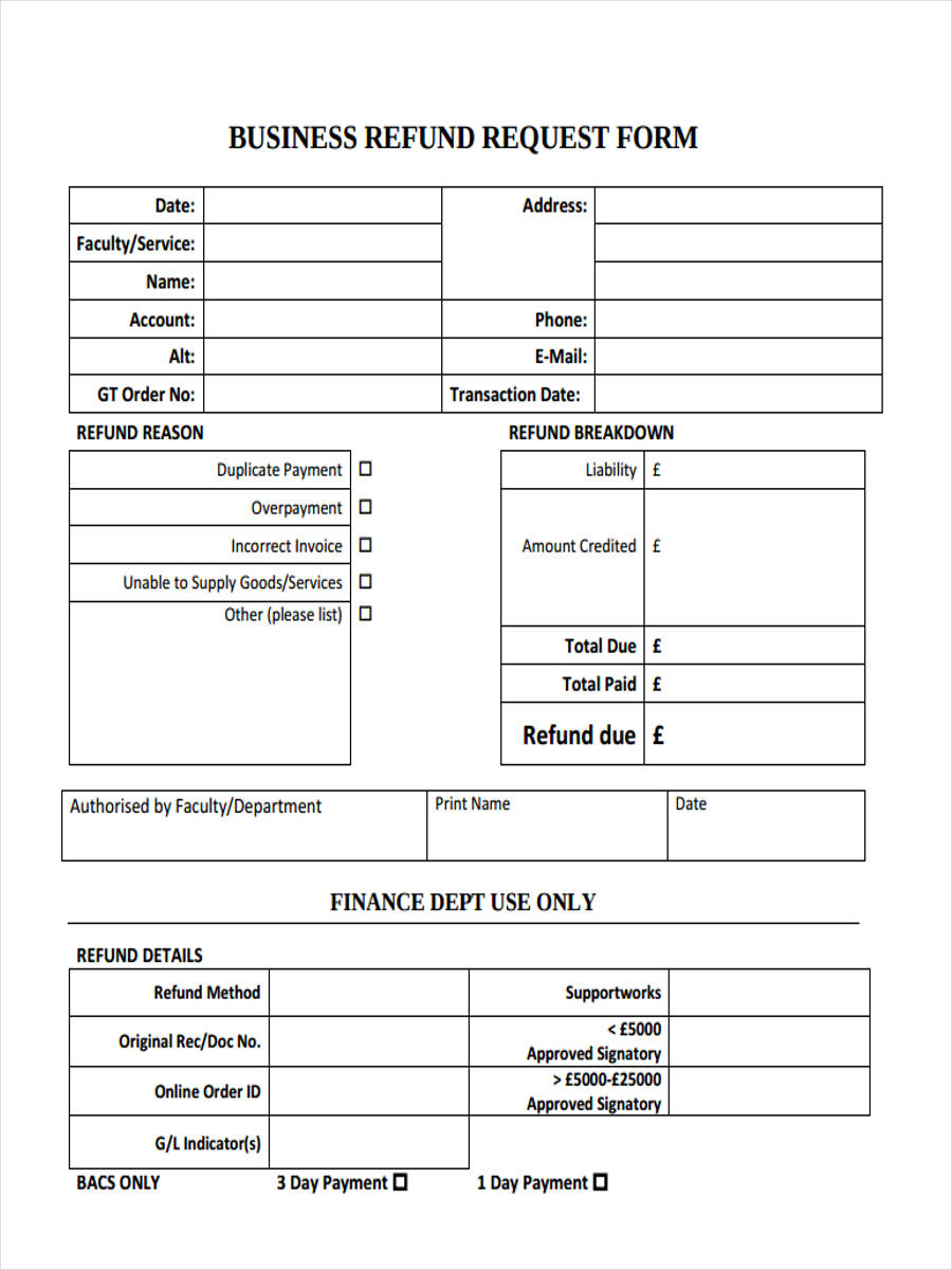 Printable Refund Form Template 4554