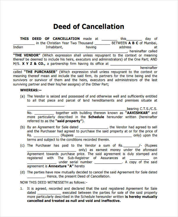 Cancellation Of Settlement Deed Format