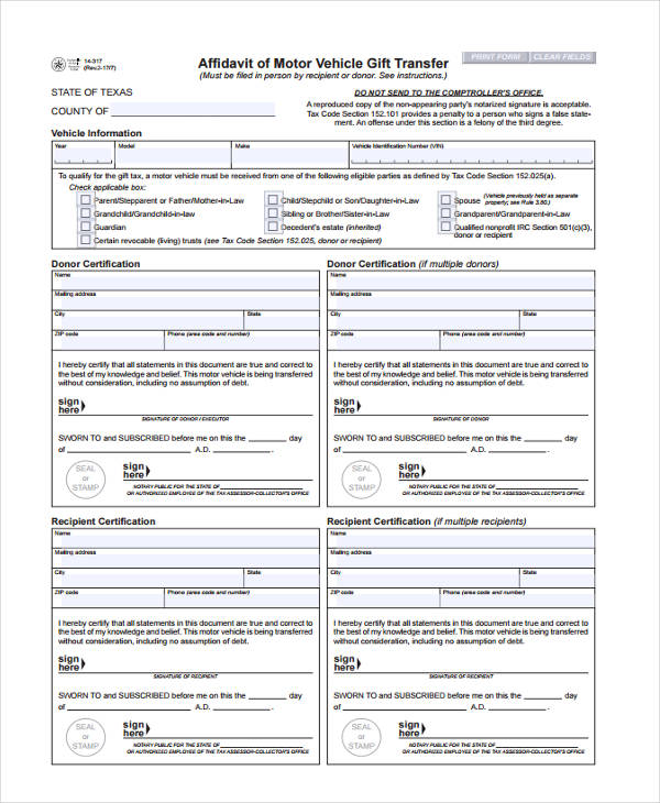 FREE 6 Gift Affidavit Forms In MS Word PDF