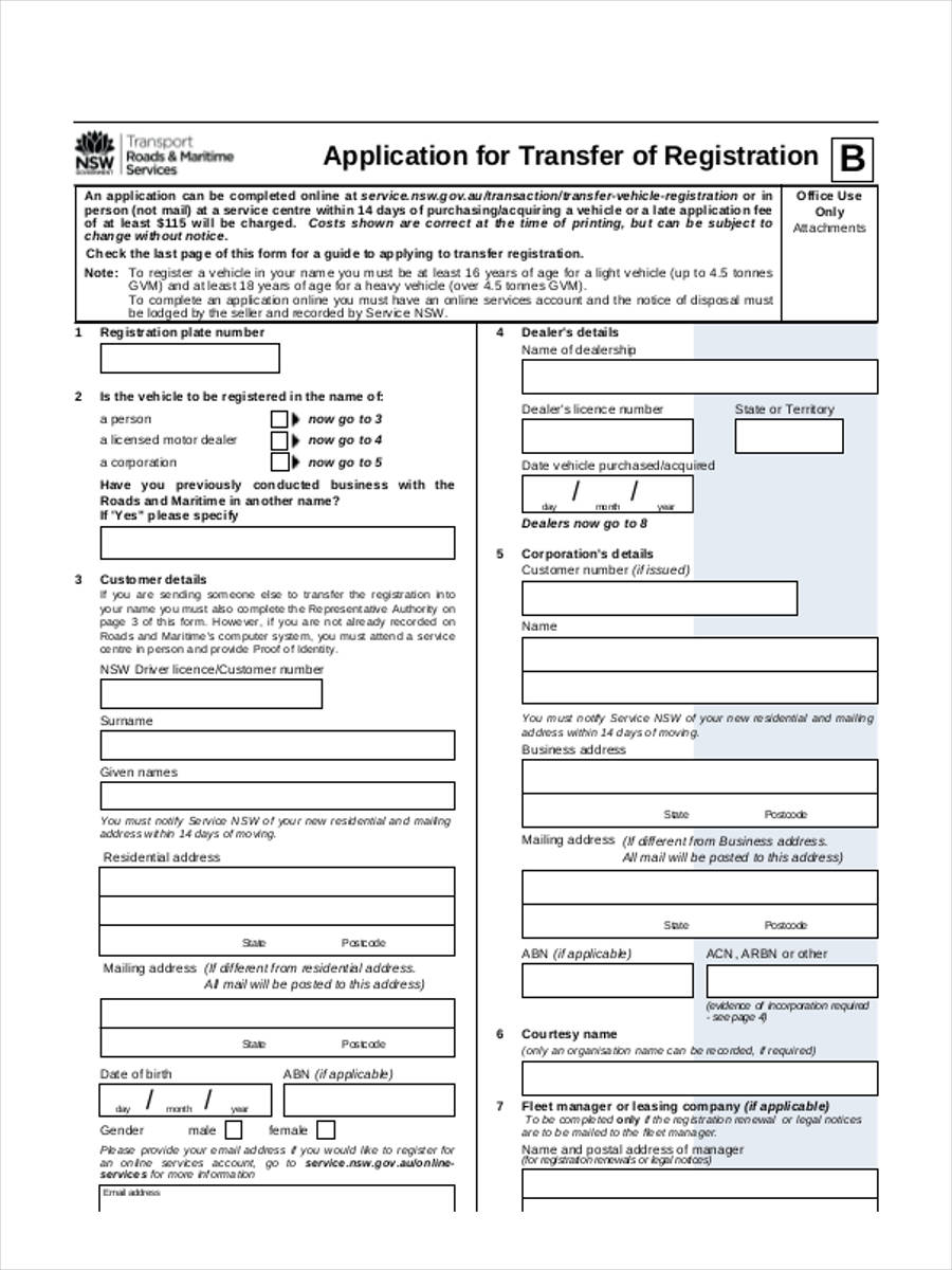 Free 8 Registration Transfer Forms In Pdf