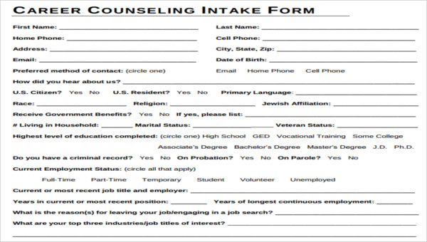 career counseling forms free documents in word pdf