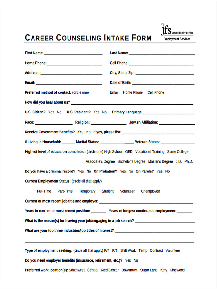 FREE 9+ Counseling Intake Forms in PDF | Ms Word