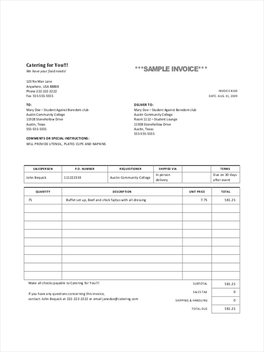 Free 8 Catering Invoice Forms In Pdf Ms Word