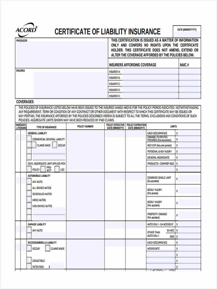 FREE 21+ Liability Insurance Forms in PDF  MS Word Intended For Certificate Of Liability Insurance Template