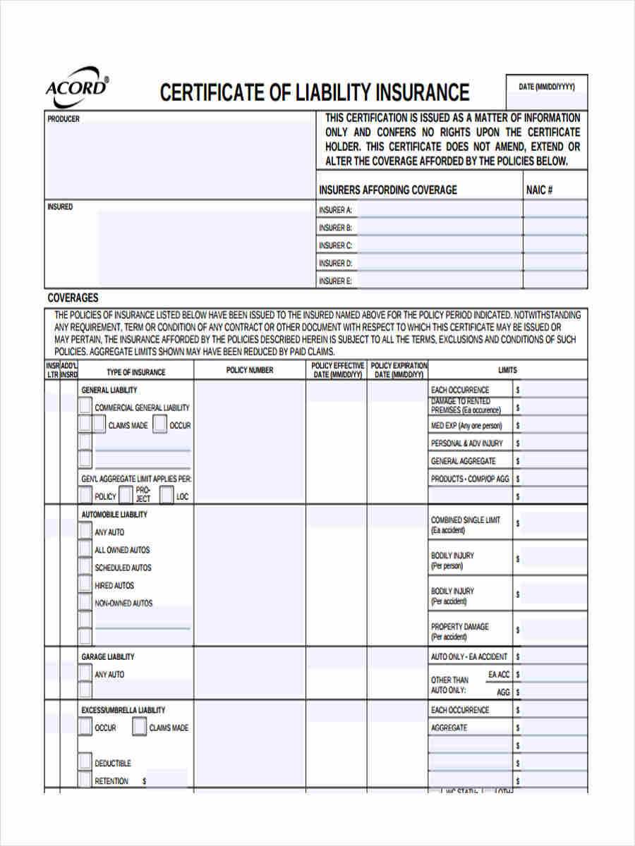 Acord Insurance Certificate Template