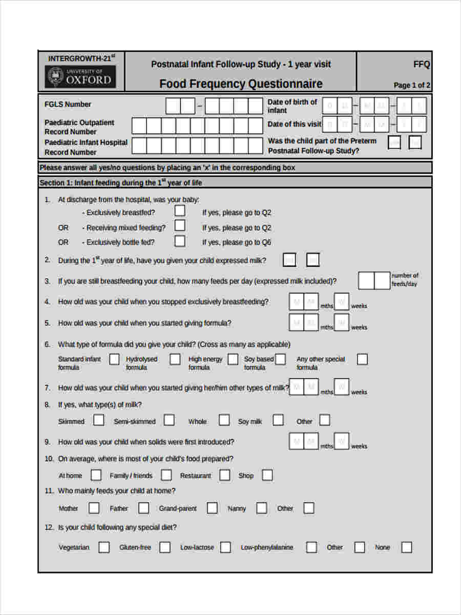 FREE 5+ Food Frequency Questionnaire Forms in PDF