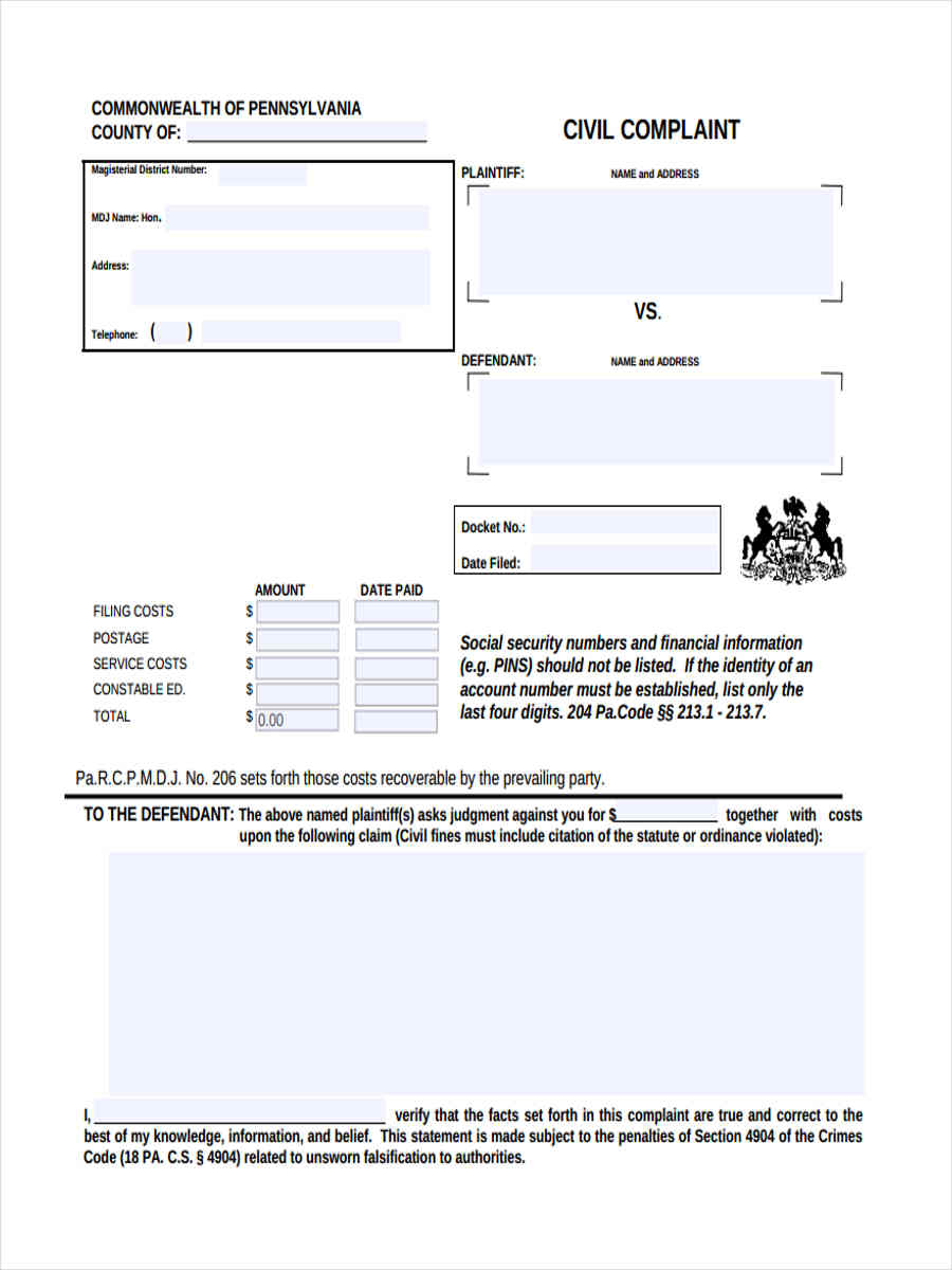 Civil Complaint Template Word   Civil Complaint Form 