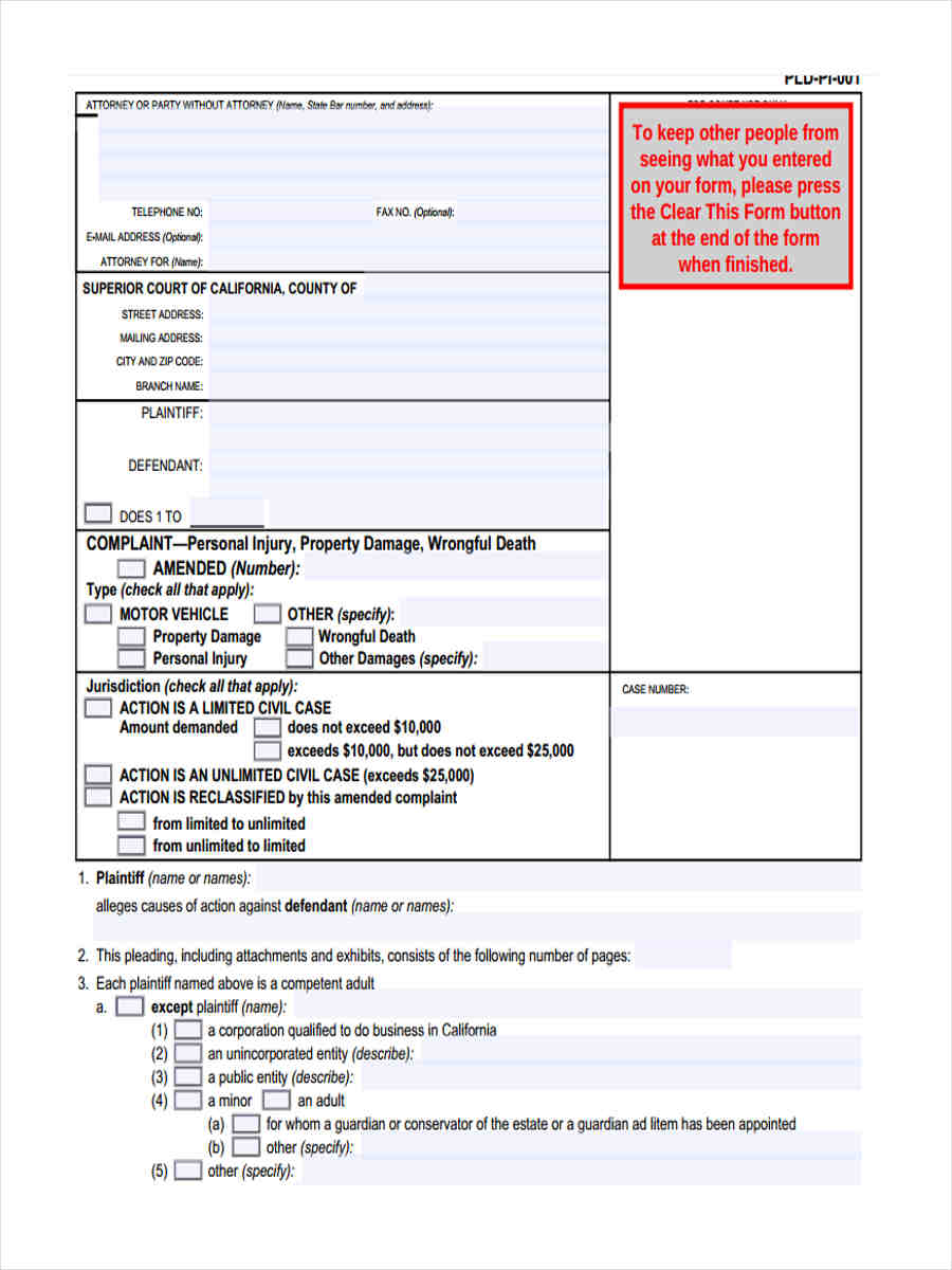 FREE 11+ Civil Complaint Forms in PDF | MS Word