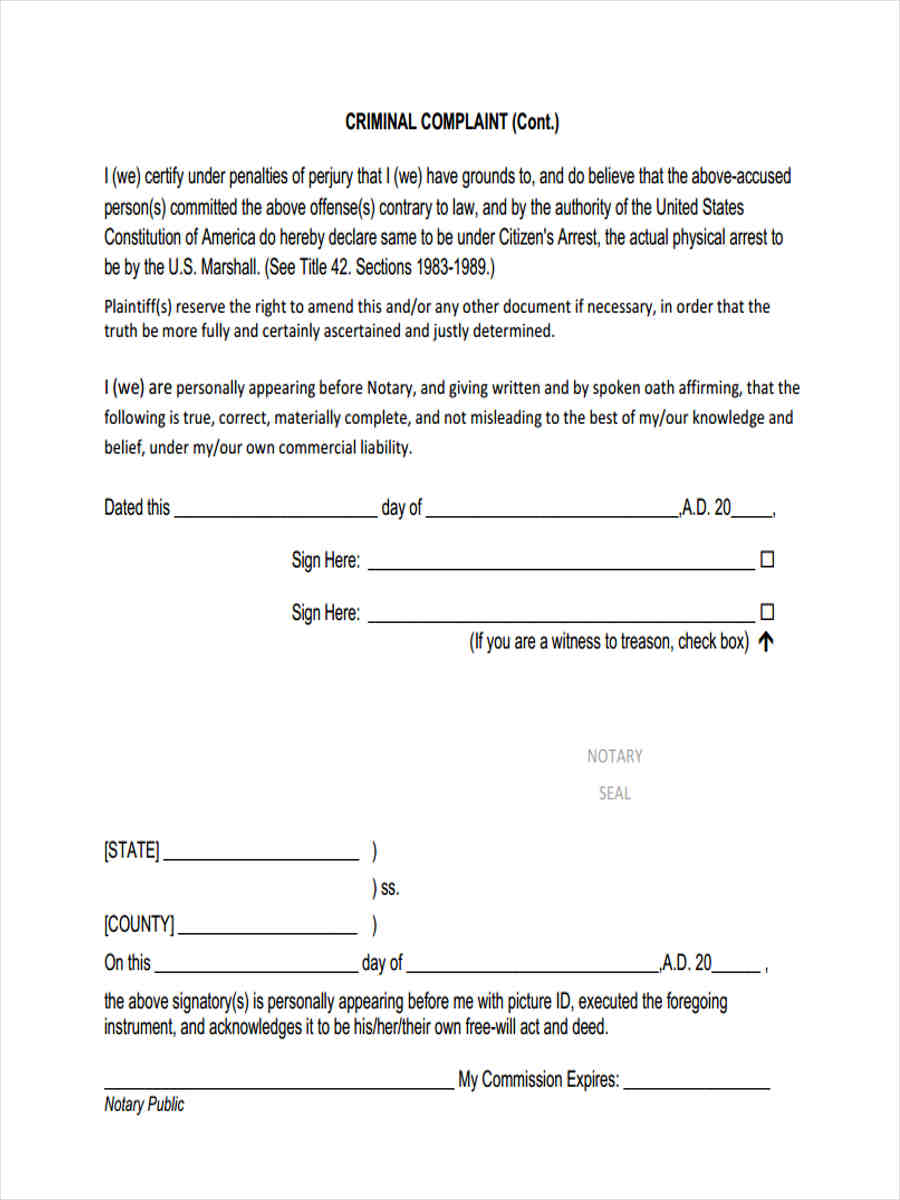 Free 5 Sample Criminal Complaint Forms In Ms Word Pdf 7420