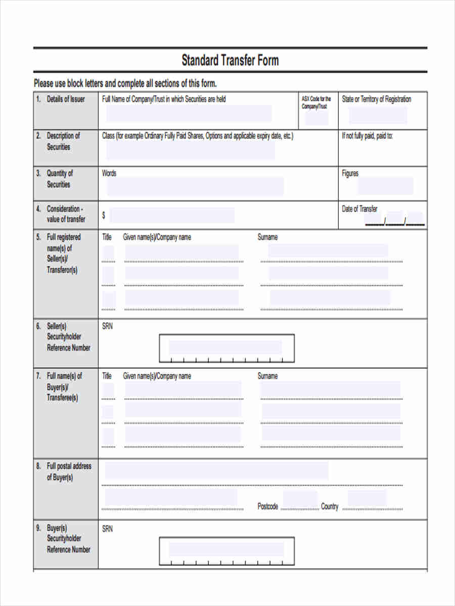 Free 8 Standard Transfer Forms In Pdf Ms Word Excel