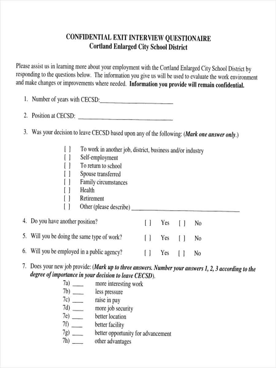 FREE 7+ Exit Interview Questionnaire Forms in PDF | Ms Word