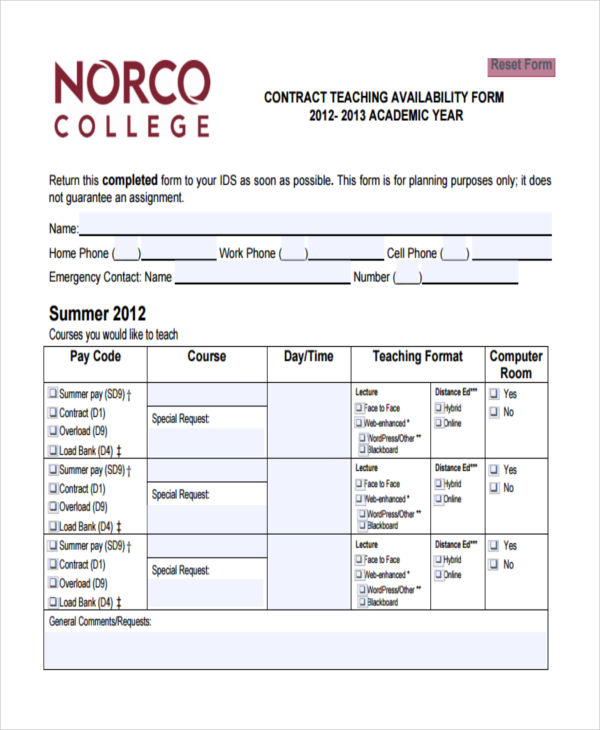 contract teaching availability