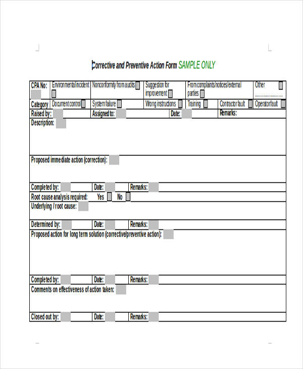 Free 8 Preventive Action Forms In Pdf Ms Word Excel