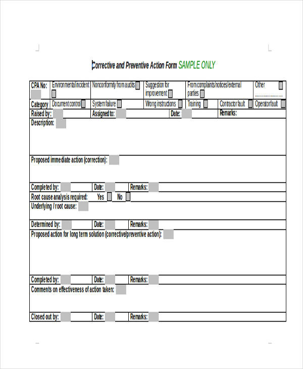 Preventative Action Plan File Sample FREE 8+ Preventive Action Forms in PDF | Ms Word | Excel