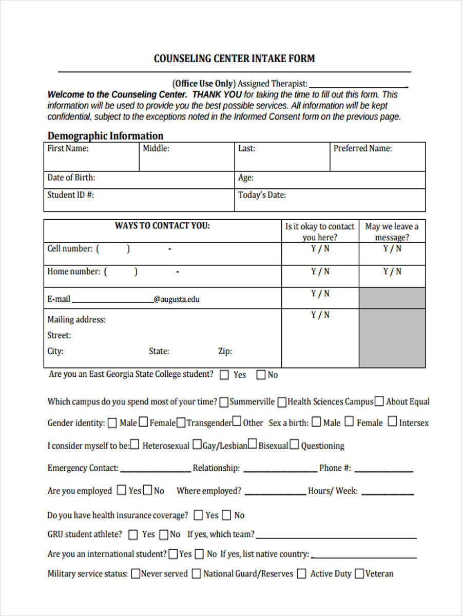 FREE 9+ Counseling Intake Forms in PDF | Ms Word