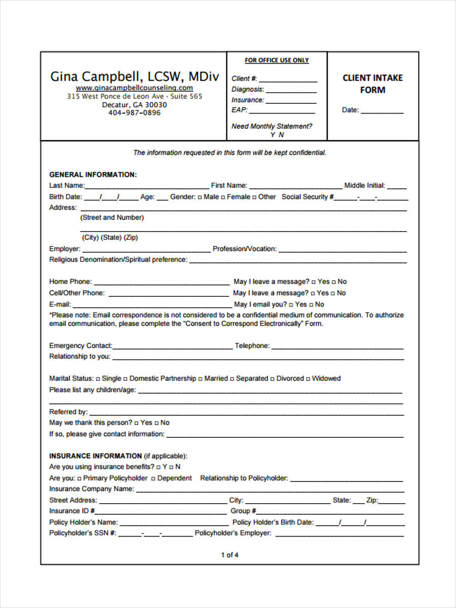 FREE 9+ Counseling Intake Forms in PDF Ms Word