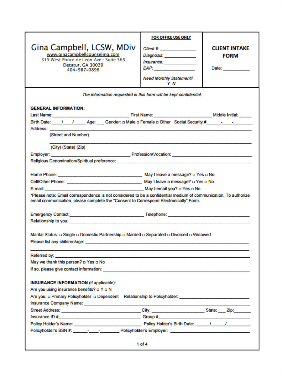 Free 9 Counseling Intake Forms In Pdf Ms Word 8601