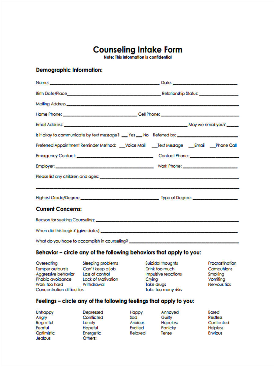 FREE 9+ Counseling Intake Forms in PDF Ms Word