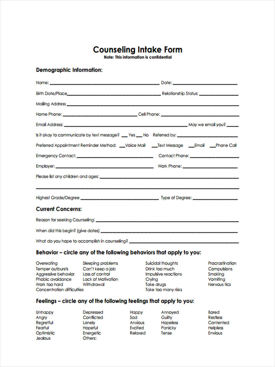 Free Counseling Intake Forms In Pdf Ms Word