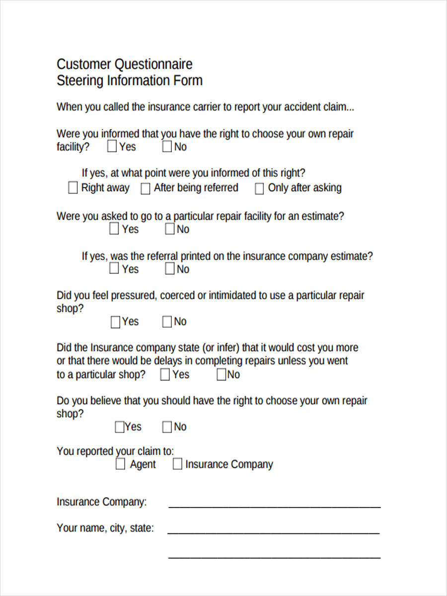 customer questionnaire steering