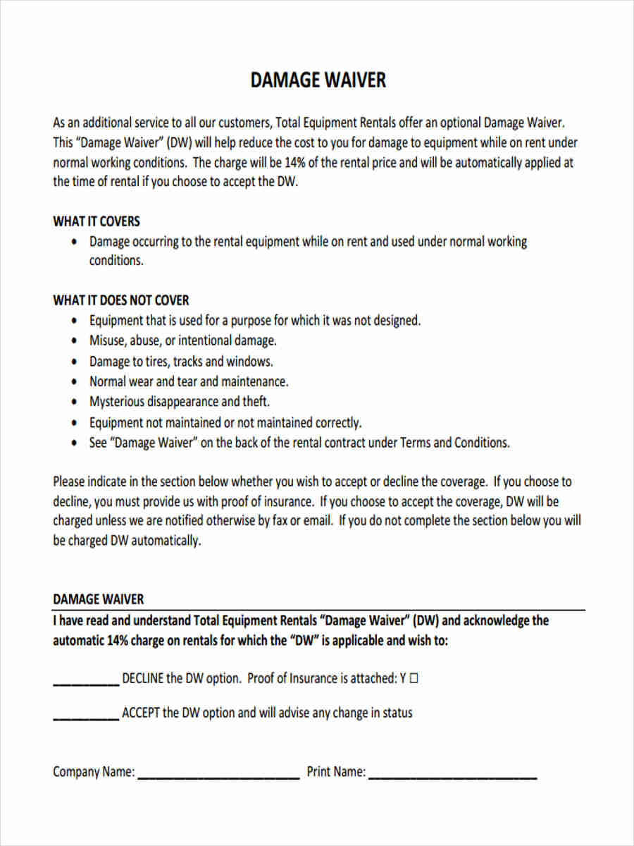 FREE 5+ Sample Damage Waiver Forms in MS Word PDF