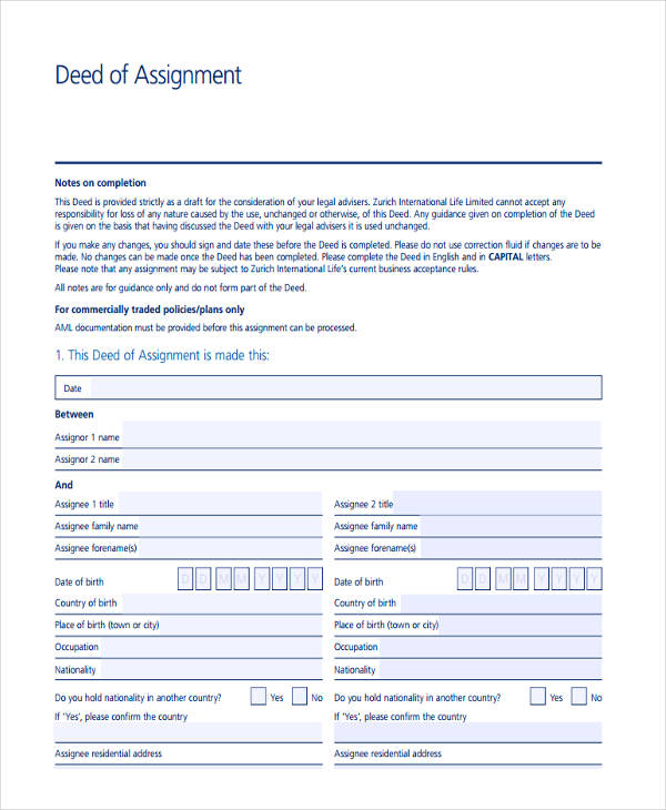 deed of assignment form aub