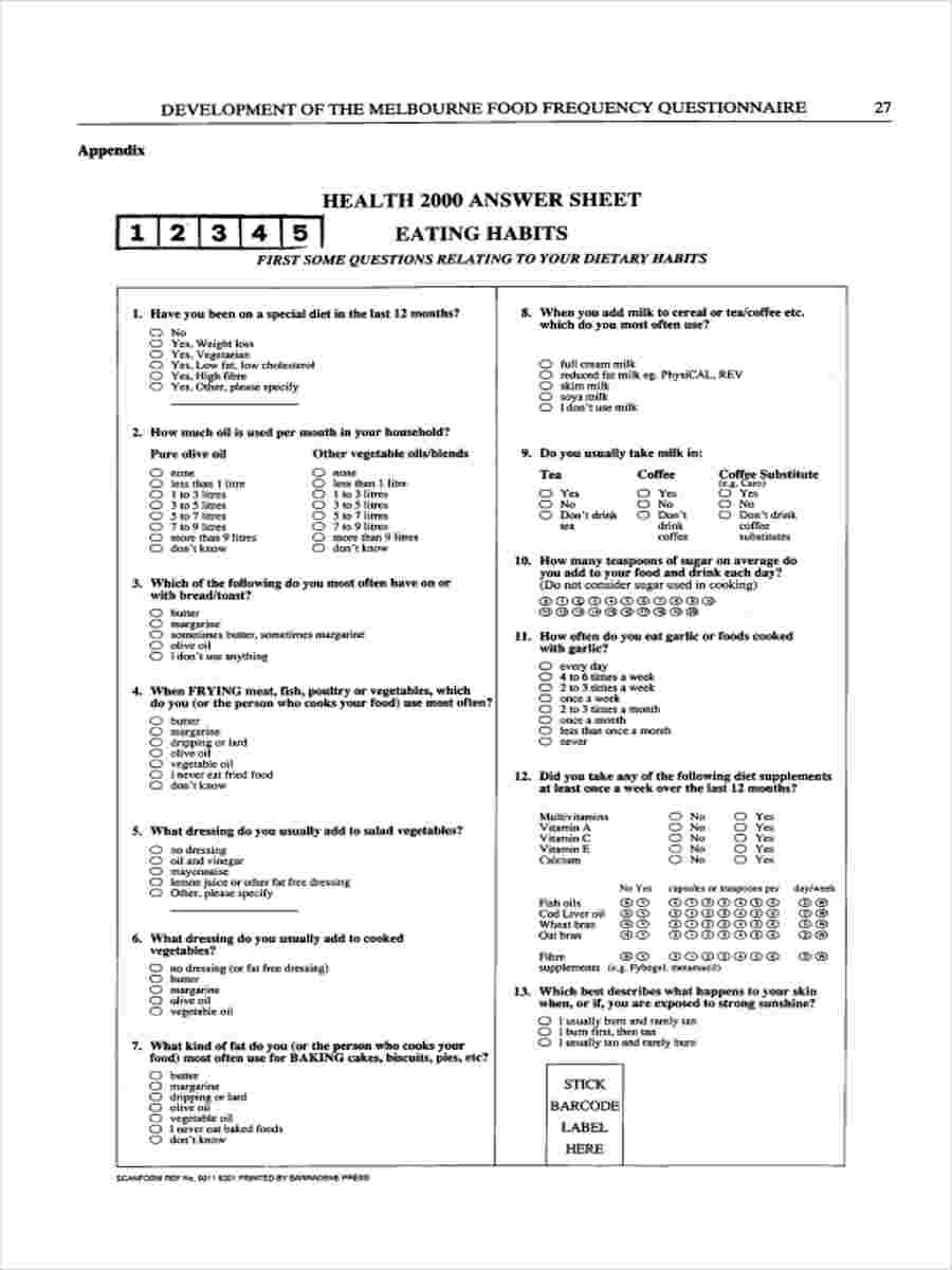 FREE 5+ Food Frequency Questionnaire Forms in PDF