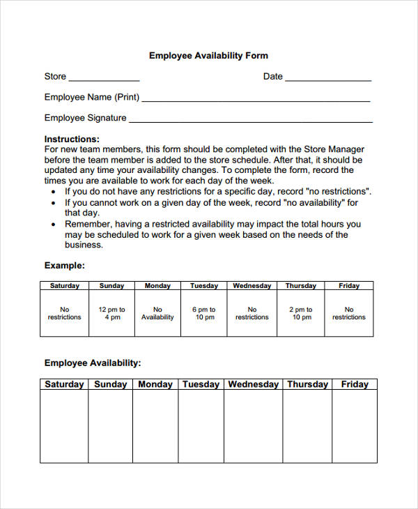 employee availability template