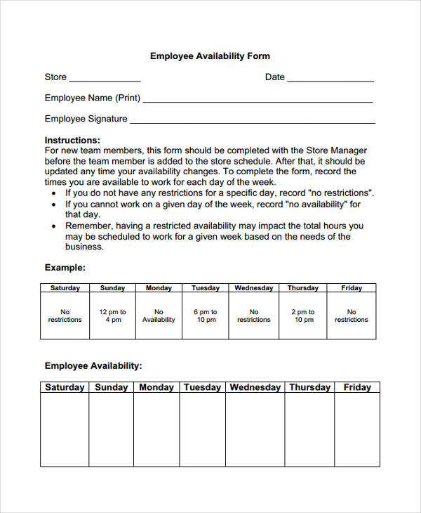Printable Employee Availability Form