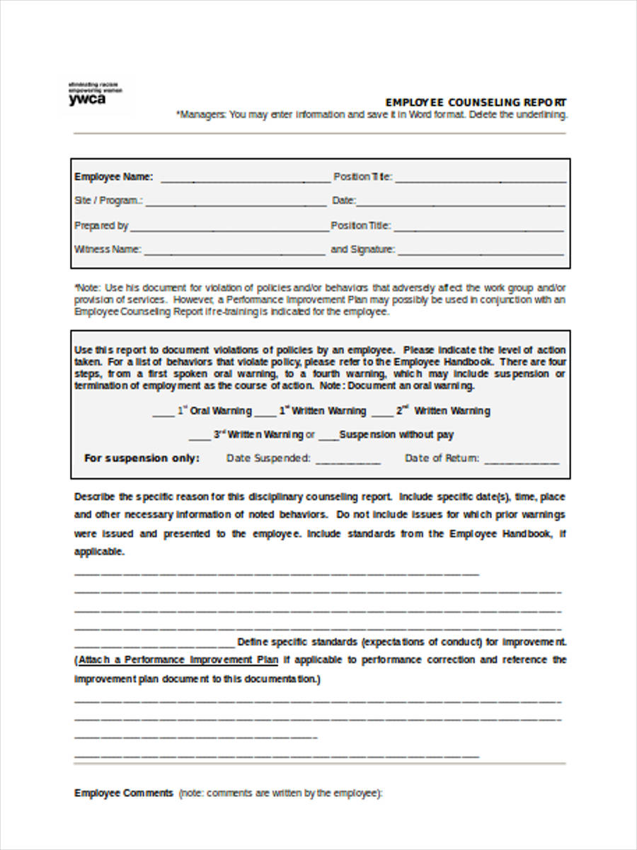 employee counseling report form