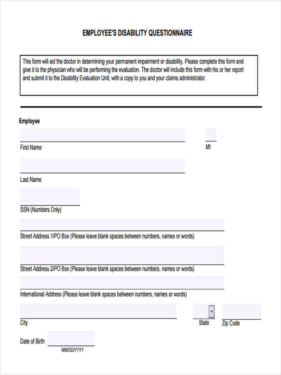 Free 8 Disability Questionnaire Forms In Pdf 6667