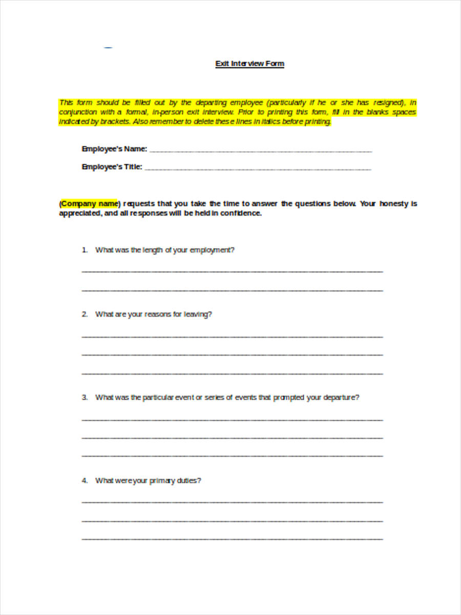 FREE 8+ Sample Exit Interview Questionnaire Forms in MS Word | PDF