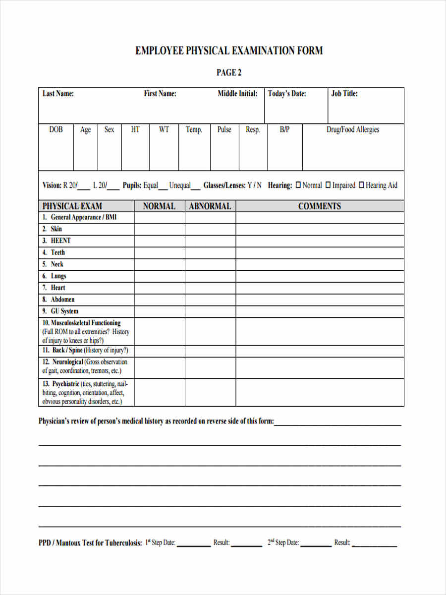 Free Printable Physical Exam Forms For Colorado Daycare Employees   Employee Physical Exam 