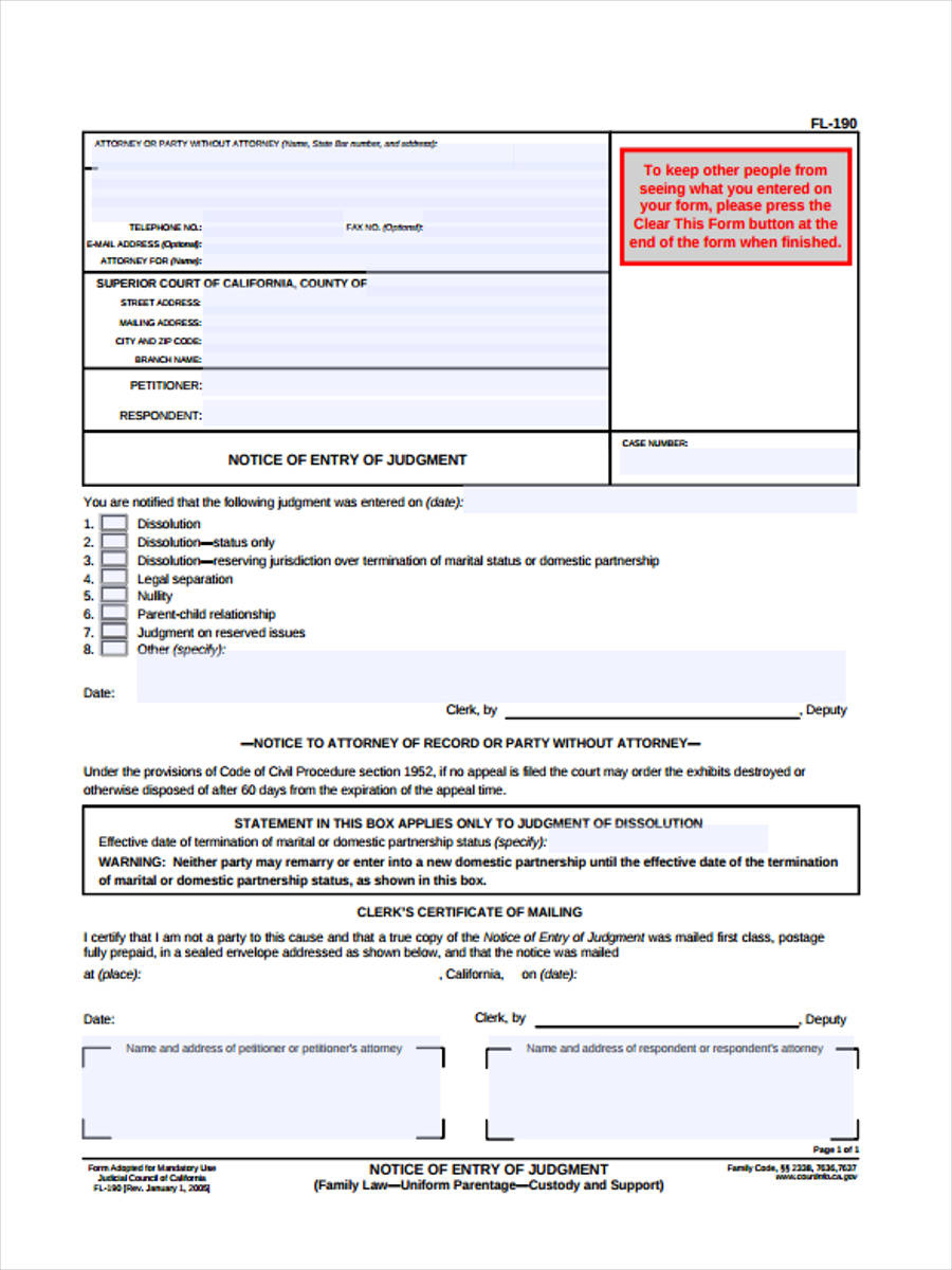 entry of judgment form