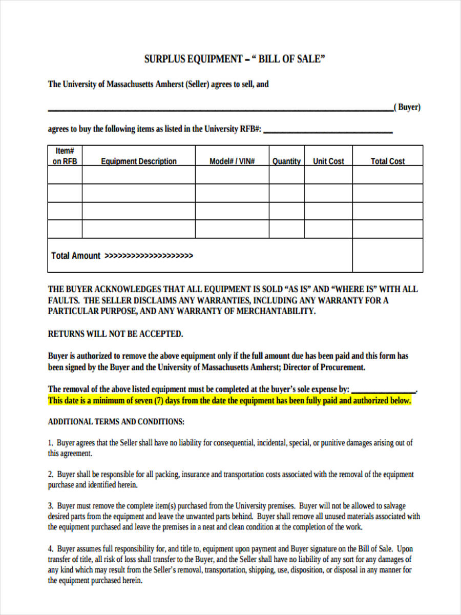 Bill Of Sale Equipment Template