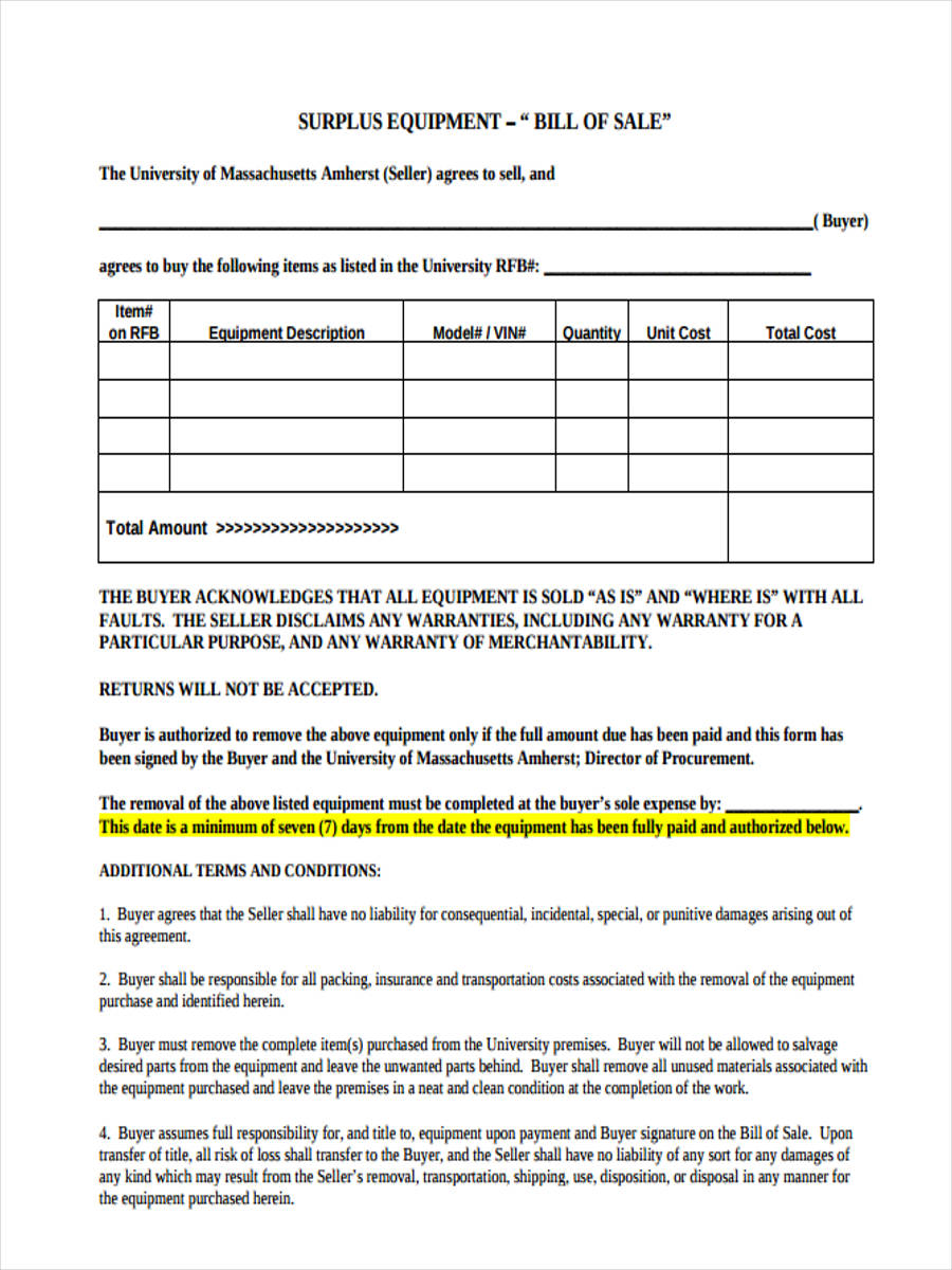 Bill Of Sale Form For Parts